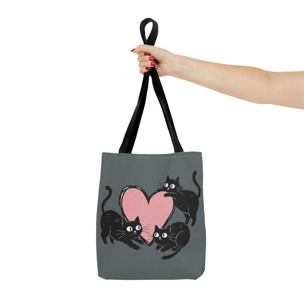 Three Black Cats Playing with Hearts Tote Bag | Cute Cat Heart Pattern