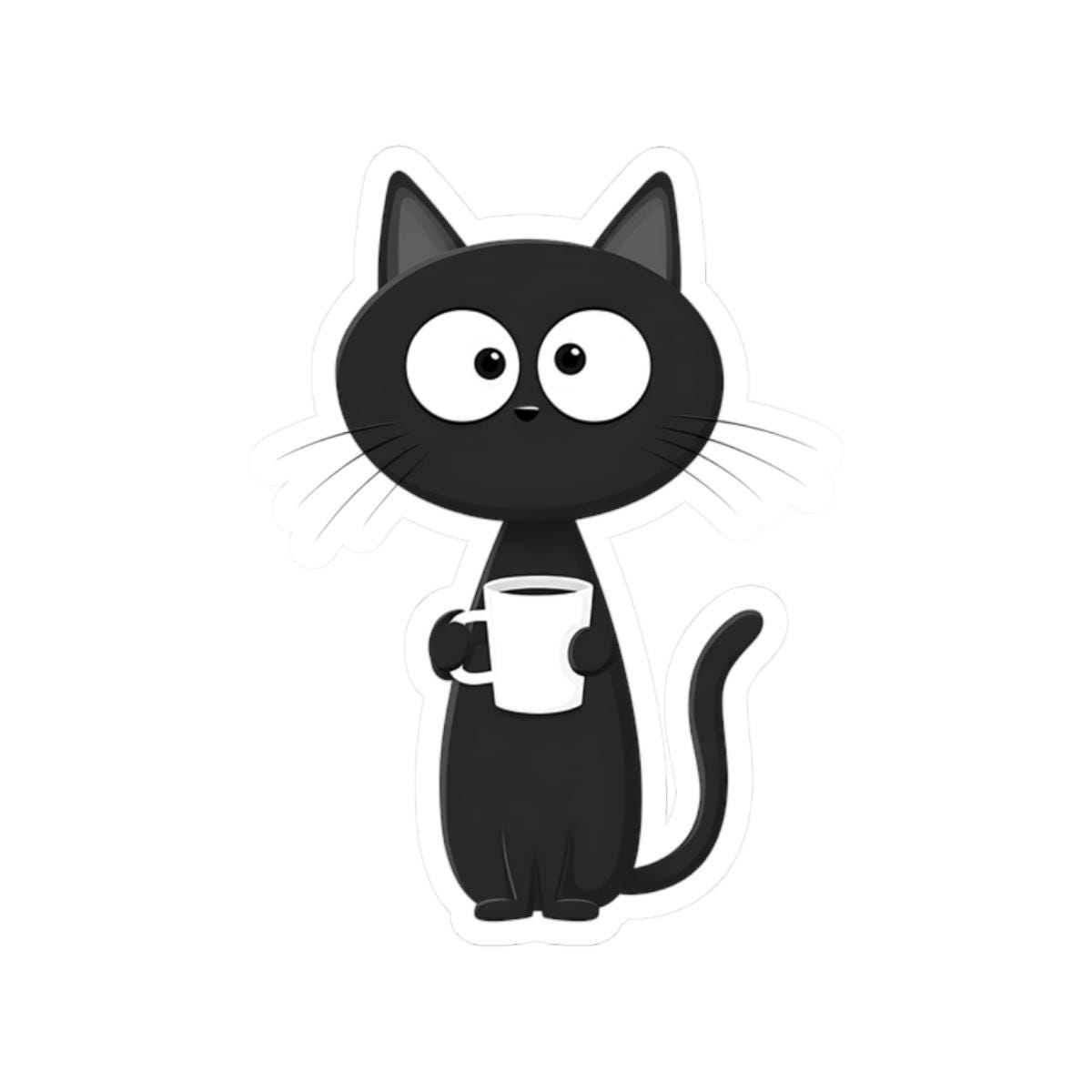 Black Cat Holding Coffee mug Sticker | Kiss-Cut Sticker