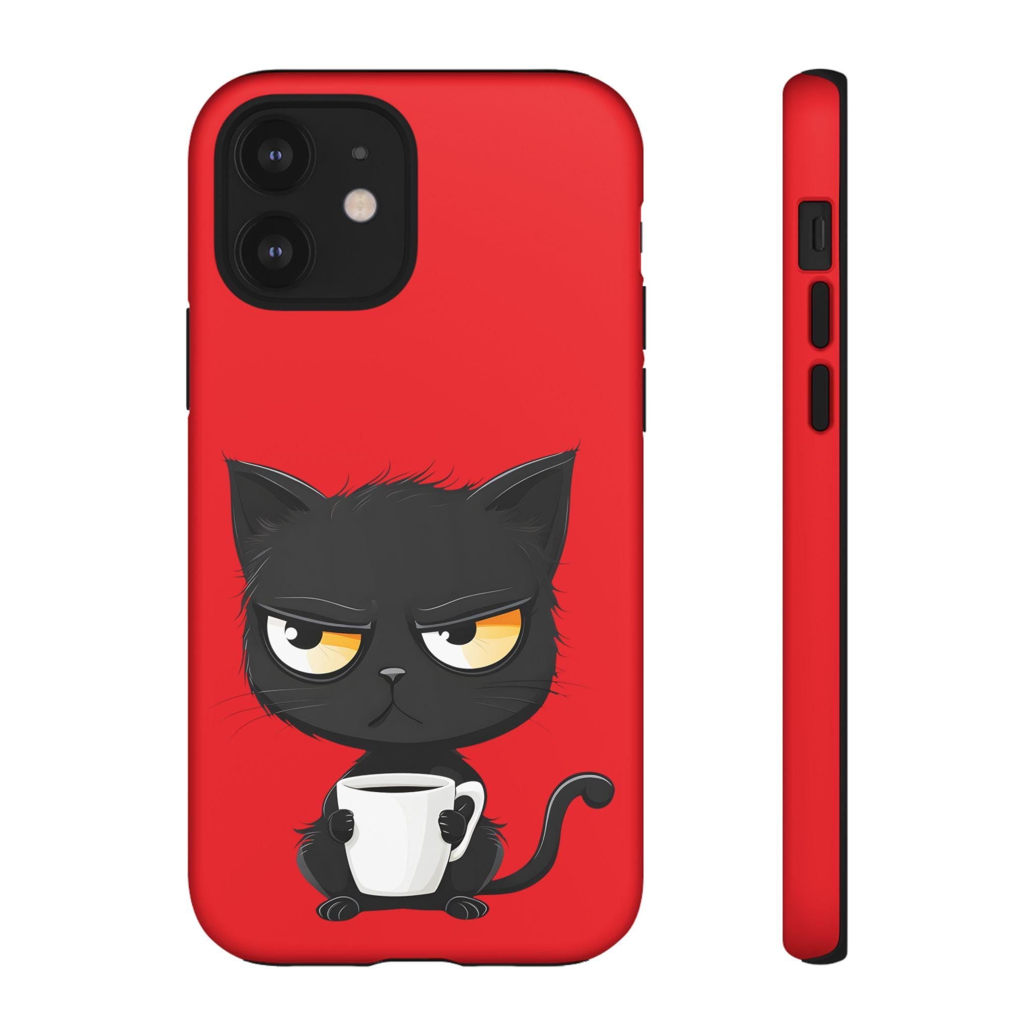 Grumpy Black Cat with Coffee Phone Case | Cute Cartoon Cat Mug