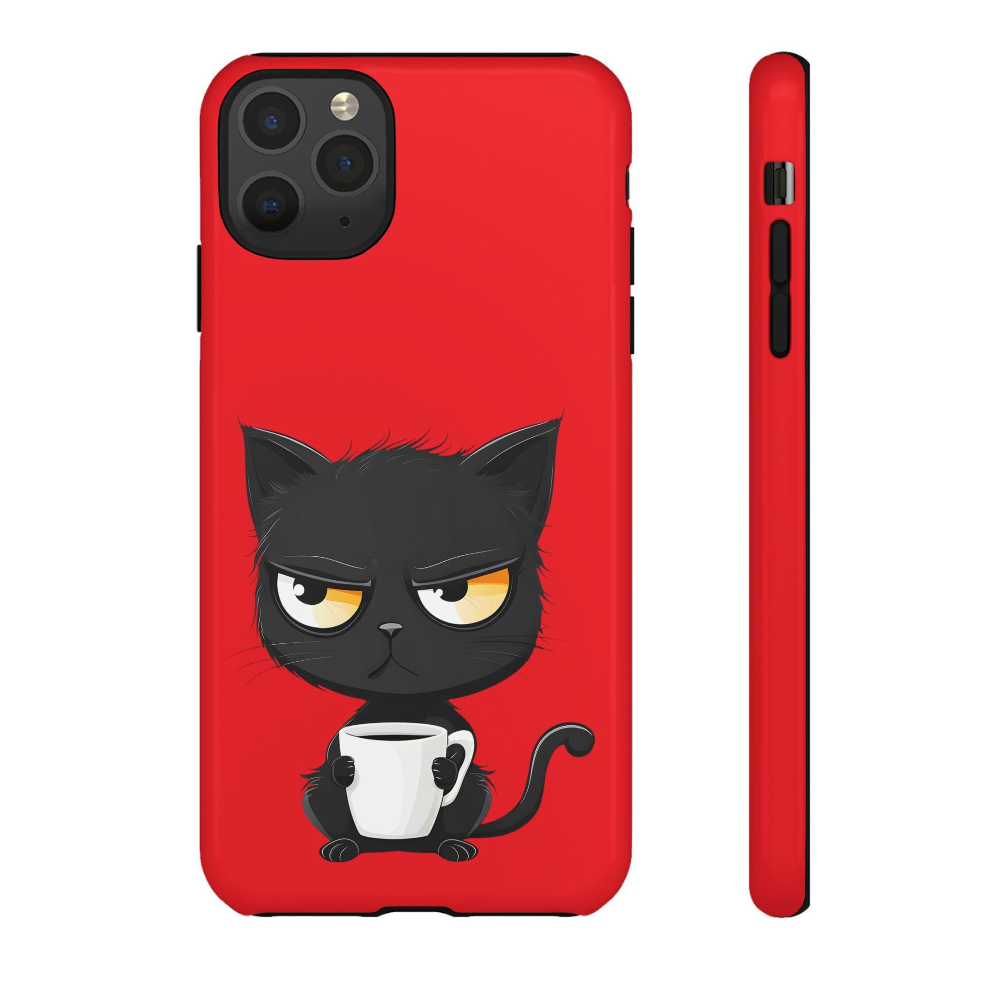 Grumpy Black Cat with Coffee Phone Case | Cute Cartoon Cat Mug