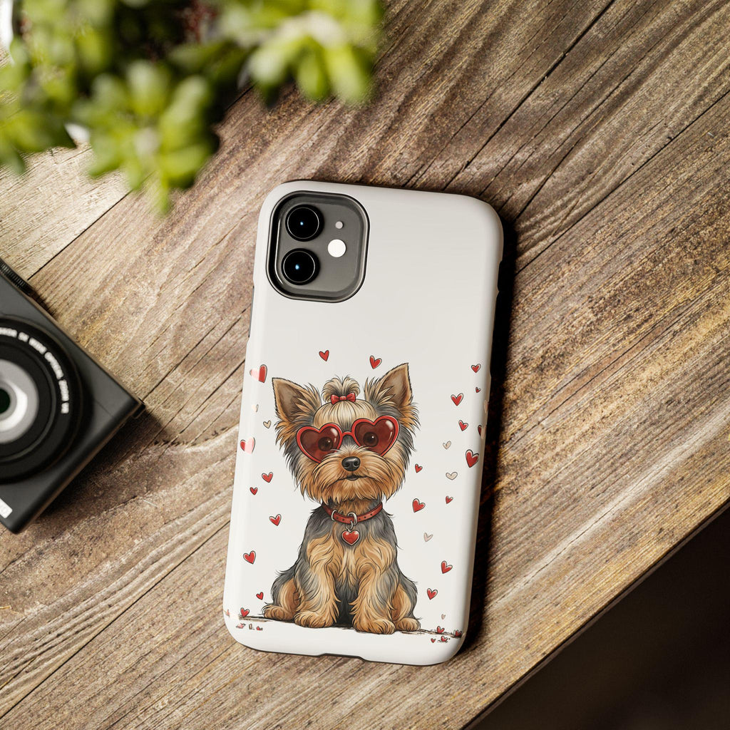 Valentine Yorkie in Heart Sunglasses phone case | Cute Dog Valentine design